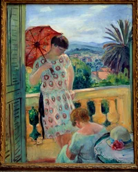 Zwei Frauen auf einem Balkon oder auf dem Balkon mit Blick auf das Esterel. Gemälde von Henri Lebasque (1865-1937) 1925-1926, Öl auf Leinwand, 92,5 × 65 cm. Lyon, Musee des Beaux Arts