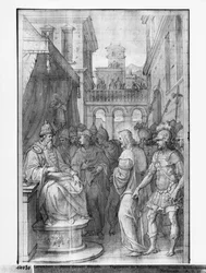 Leben Christi, Christus vor Herodes, Vorbereitungsstudie für den Wandteppichentwurf für die Kirche Saint-Merri in Paris, ca. 1585-90