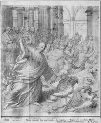 Leben Christi, Jesus vertreibt die Händler aus dem Tempel, Vorstudie für den Wandteppich in der Kirche Saint-Merri in Paris, ca. 1585-90