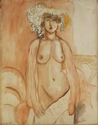 Antoinette stehend, Torso entblößt, mit Federhut, ca. 1918
