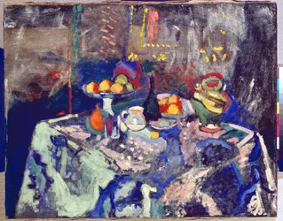 Vase, Flasche und Obst