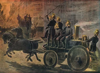 Feuerwehrleute bei einem Brand in London 1897 (Gravur)