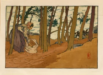 Frau, die Kiefernnadeln sammelt (Ufer des Trieux, Loguivy)