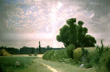Landschaft mit einem Mann, der sich am Weg ausruht