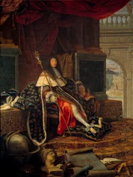 Porträt Ludwigs XIV. (1638 - 1715), König von Frankreich, Protektor der Königlichen Akademie für Malerei und Bildhauerei, mit dem Zepter Karls V., genannt Karl der Große