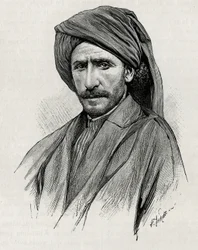 Porträt von Scheich Moses, dem mächtigsten Stammesführer Arabistans (oder der Arabischen Halbinsel). Stich von Thiriat zur Illustration des Berichts „Persien, Chaldäa und Susiana“