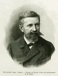 Porträt des Autors: Charles Grad (1842-1890), deutscher Politiker, Schriftsteller und Naturforscher. Gravur von Thiriat zur Illustration der Geschichte „Durch Elsass und Lothringen“ von Charles Grad, veröffentlicht in Le Tour du monde 1888