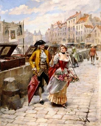 Herr und Blumenmädchen bei Buchständen an der Seine