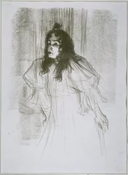 Porträt von May Belfort (May Egan) mit zwei Figuren und einem Klavier