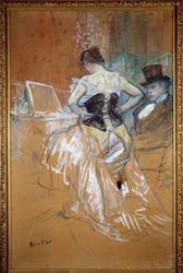 Eroberung im Transit, die Frau im Korsett Prostituierte zieht sich vor ihrem Kunden in einem Bordell an. Pastell und Zeichnung von Henri de Toulouse-Lautrec