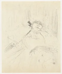 Porträt von Yvette Guilbert im Sessel auf der Bühne