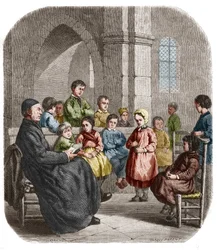 Le cathechisme, Gravur von 1860 nach dem Gemälde von Henriette Browne (Mme Jules de Saux, genannt) (geb. Henriette Sophie de Bouteiller) (1829-1901)