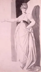 Junge Frau mit aufwendiger Frisur, die mit ausgestrecktem rechten Arm steht (Bleistift & Waschung)