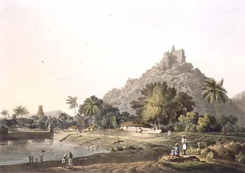 Pagoden in Trinchicunum, Tafel XI, graviert von Daniel Havell 1809