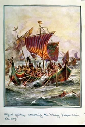 Alfreds Galeeren greifen 897 n. Chr. die Drachenschiffe der Wikinger an, Illustration aus „Hutchison