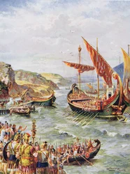Abzug der Römer aus Britannien nach der Plünderung Roms im Jahr 410 n. Chr., Illustration aus 