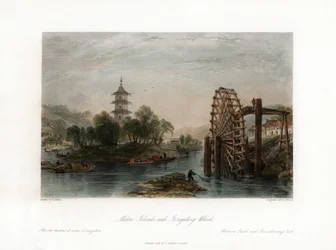 Meloneninseln und Bewässerungsrad, China, um 1840