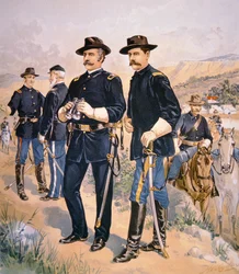 Brigadegeneral Nelson A. Miles, Linienoffiziere und Soldaten in Kampfuniform von 1888
