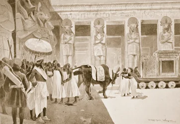 Kambyses tötet den heiligen Stier, Illustration aus „Hutchinsons Geschichte der Nationen“, um 1910