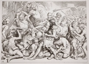 Wie Hereward Alftruda rettet, Illustration aus Hereward the Great von Charles Kingsley, veröffentlicht 1870, graviert von C.G. Lewis