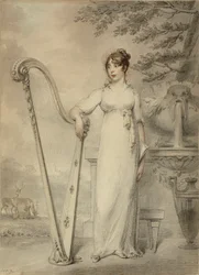 Ganzkörperporträt von Miss V. Dupuis, die ihren Arm auf eine Harfe stützt. Im Hintergrund ein Brunnen und eine Landschaft mit Hirschen
