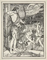 Odysseus schießt den ersten Pfeil auf die Freier, aus 
