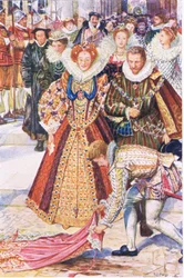 Walter Raleigh opfert seinen Mantel für Königin Elizabeth, Illustration aus Kenilworth, ca. 1910
