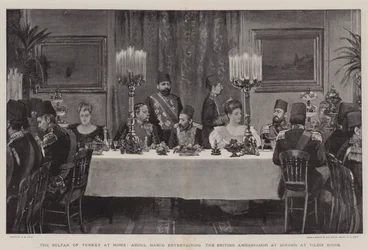 Der Sultan der Türkei zu Hause, Abdul Hamid unterhält den britischen Botschafter beim Abendessen im Yildiz Kiosk
