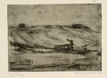 Landschaft mit einem Mann an einer Brücke