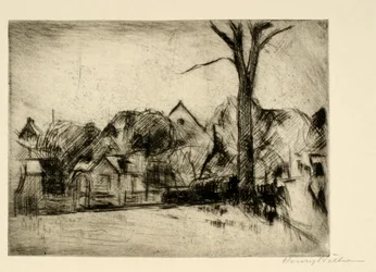 Landschaft mit hohem Baum und Häusern