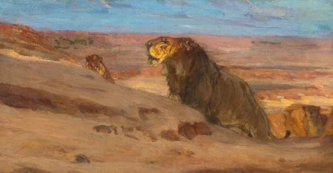 Löwen in der Wüste, ca. 1897-1900