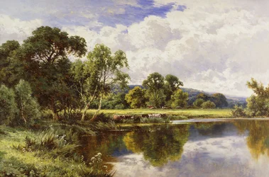 Eine bewaldete Flusslandschaft mit Vieh