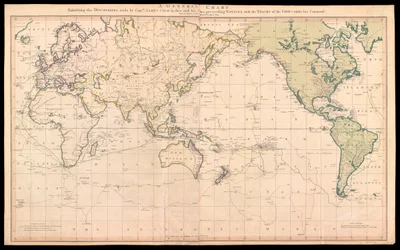 Eine allgemeine Karte, die die Entdeckungen von Kapitän James Cook in dieser und seinen beiden vorhergehenden Reisen mit den Routen der Schiffe unter seinem Kommando zeigt