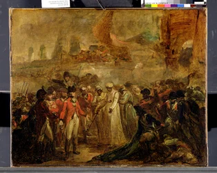 Die Kapitulation der beiden Söhne von Tipu Sahib (1749-99), Sultan von Mysore, an Sir David Baird, um 1800
