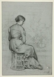 Frau auf einem Tabouret sitzend
