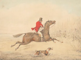 Reiter auf einem braunen Pferd, der im Begriff ist, nach rechts über einen Lattenzaun zu springen