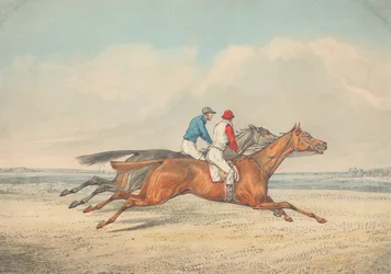 Zwei Jockeys galoppieren Kopf an Kopf nach rechts