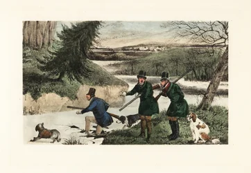 Viktorianische Herren jagen Enten mit Gewehren und Hunden auf einem gefrorenen See