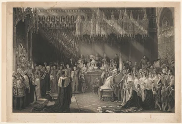 Krönung von Königin Victoria von England. Nach George Hayter, mit Adresse von Graves und Warmsby. Holzschnittskizze und Legende beigefügt