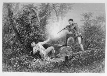 Der Brudermord von Wyoming, 1778, aus „Die Geschichte der Vereinigten Staaten“, Band I, von Charles Mackay, gestochen von James Charles Armytage (ca. 1820-97)