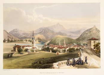 Irun mit dem Berg San Marcial und der Brücke von Capuchinos, aus Skizzen von Landschaften in den baskischen Provinzen Spaniens, mit einer Auswahl nationaler Musik, veröffentlicht 1838