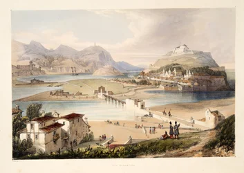 San Sebastian, aus Skizzen der Landschaft in den baskischen Provinzen Spaniens, mit einer Auswahl nationaler Musik, veröffentlicht 1838 (handkolorierte Gravur)