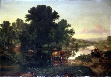 Waldflusslandschaft mit Vieh beim Tränken