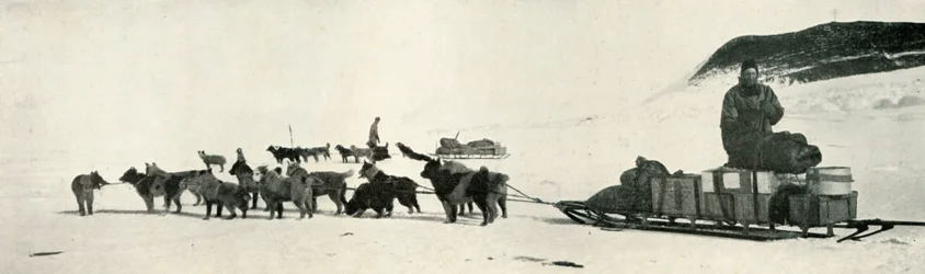 Meares und Demetri mit ihren Hundeteams verlassen Hut Point, um 1911
