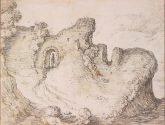 Felsige Landschaft mit Ruinen, die das Profil eines Männergesichts bilden, ca. 1650