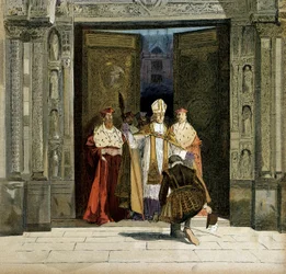 Abschwörung von Heinrich IV. (1553-1610) in der Abtei von Saint Denis in Anwesenheit des Erzbischofs von Bourges, Renaud de Beaune (1527-1606). Der König schwört am 25. Juli 1593 dem Protestantismus ab
