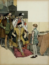 Der König von Frankreich Henri II. umgeben von seinen Herren befragt gerne den jungen Heinrich IV. Illustration von Hermann Vogel in 