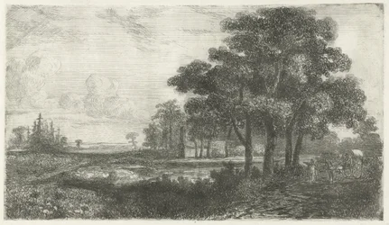 Baumreiche Landschaft mit Planwagen