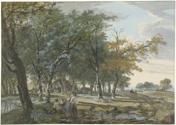 Landschaft mit einem Haus zwischen Bäumen und einem Weg entlang der Felder