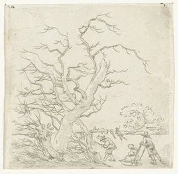 Winterlandschaft mit Schlittschuhläufern und Holzfäller